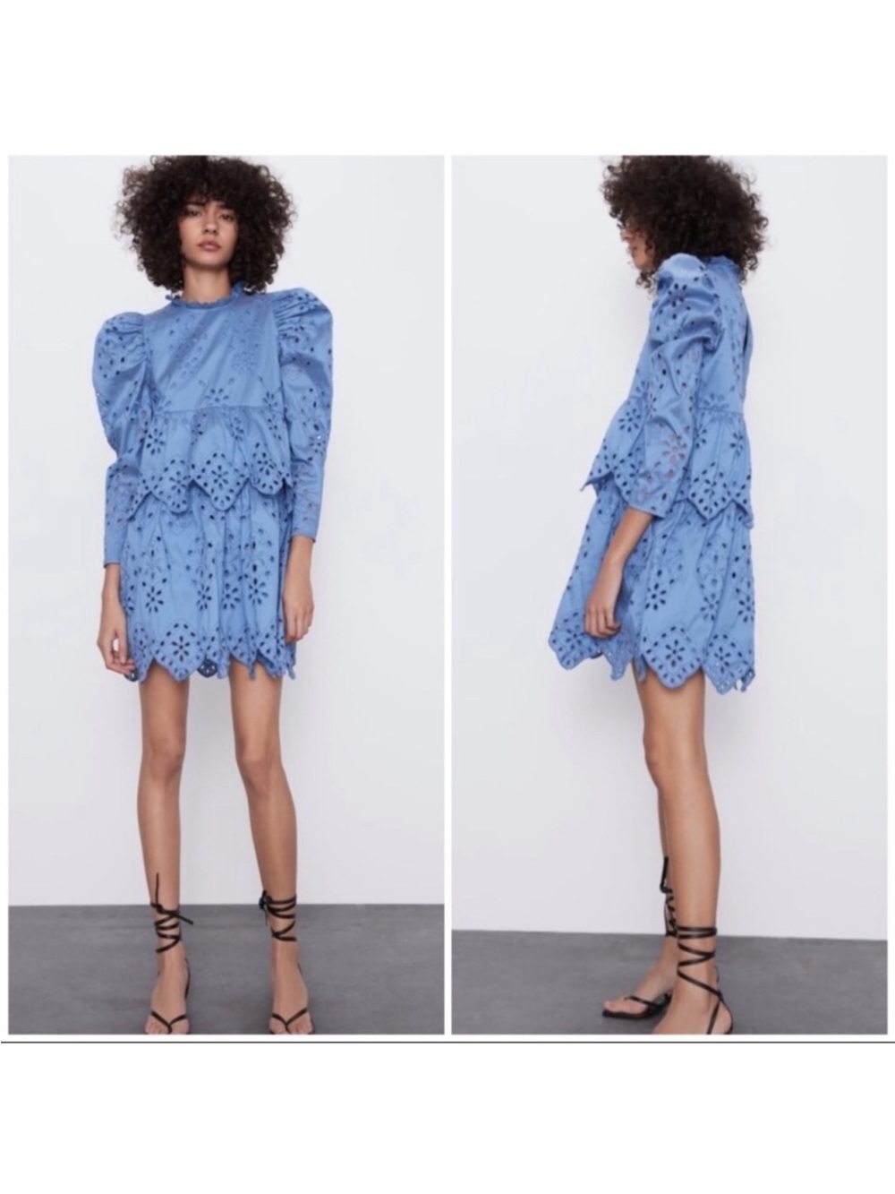 Zara blue eyelet embroidered mini dress puff shoulder 3/4 sleeve